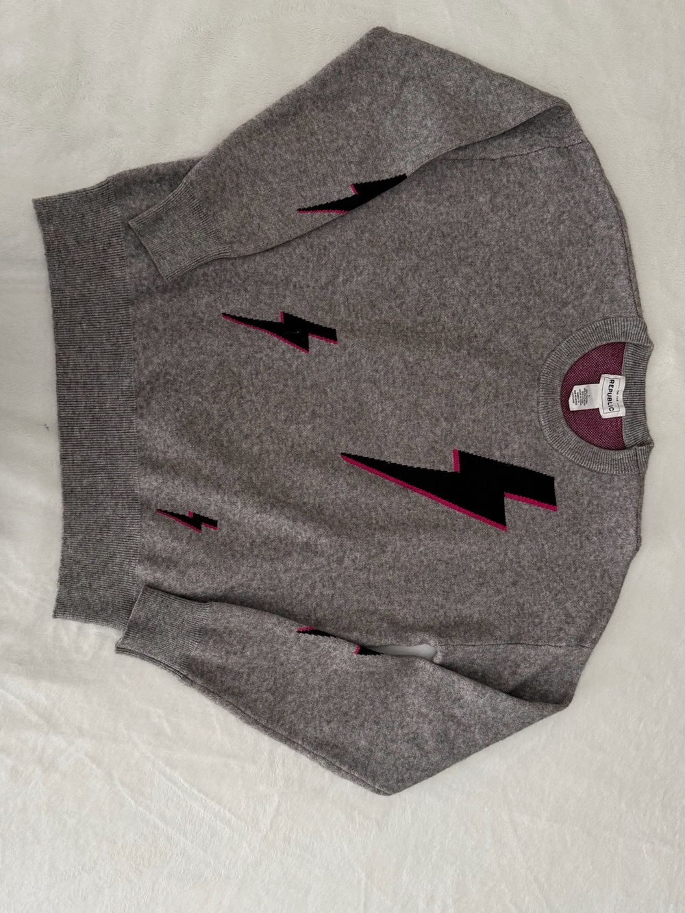For The Republic Gray Crewneck with Black & Pink Lightning Bolts